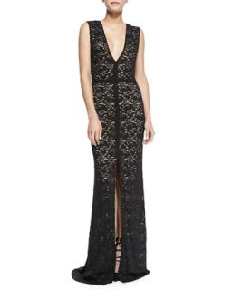 Womens Mia Front Slit Lace Gown   Alice + Olivia   Black (4)