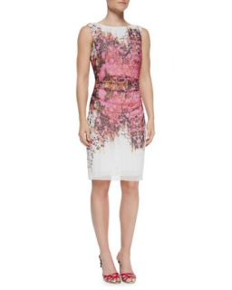 Womens Sleeveless Ruched Floral Sheath Dress   Kay Unger New York   Pink multi