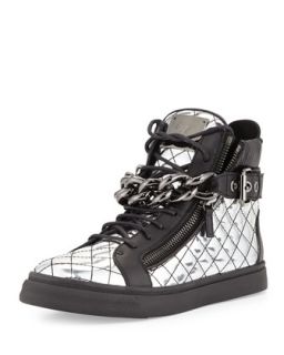 Mens Quilted Metallic Leather Chain High Top Sneaker   Giuseppe Zanotti  