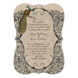 Navy Whimsical  Peacock Love Bird Pattern Wedding Invite