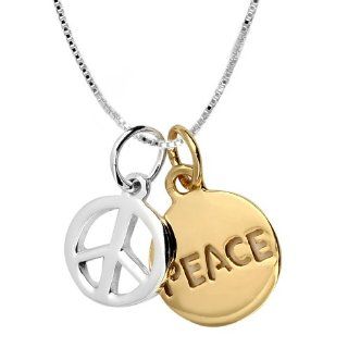 14k Yellow Gold Plated Sterling Silver "Peace" and Peace Sign "Two Tone" Charm Necklace, 18": Jewelry