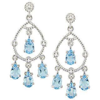 10k White Gold Blue Topaz Rope Design Chandelier Earrings: Jewelry