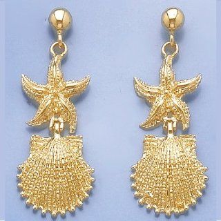 14k Gold Nautical Starfish Sea Star & Scallop Shell Dangle Earrings: Jewelry