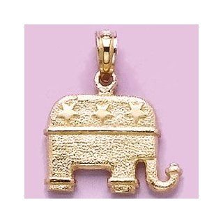 14k Gold Novelty Necklace Charm Pendant, 3d Republican Elephant With Stars Textu: Jewelry