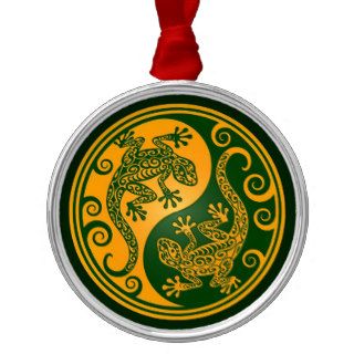 Golden Green Yin Yang Lizards Christmas Ornaments