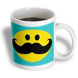 3dRose mug_113096_2 Yellow Smiley Face with Black Mustache Teal Blue Turquoise Moustache Fun Fancy Gentleman Cartoon Ceramic Mug, 15 Ounce: Kitchen & Dining