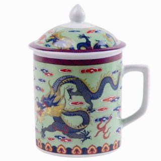 Porcelain Mug with Lid   Green Dragon: Kitchen & Dining