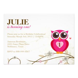 Pink Owl First Birthday Party Invitation