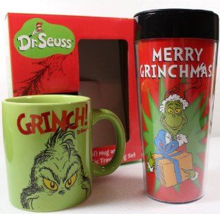 Grinch Ceramic Mug & Plastic Travel Mug Set: Coffee Cups: Kitchen & Dining