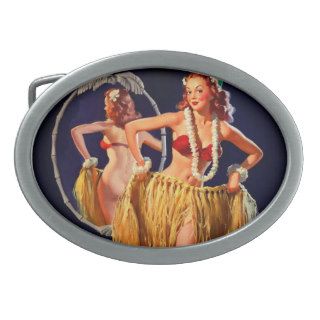 Vintage Gil Elvgren Hula Hawaiian Pin UP Girl Belt Buckles