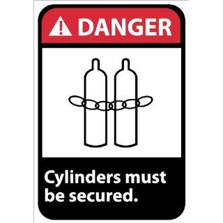 NMC DGA37RB ANSI Sign, Legend "DANGER   Cylinders must be secured." with Graphic, 10" Length x 14" Height, Rigid Plastic, White on Black: Industrial Warning Signs: Industrial & Scientific