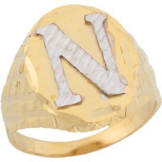 10k Two Tone Real Gold Diamond Cut Large Letter N Initial Mens Ring: Rings For Men: Jewelry