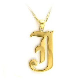 18 Inch Old English Letter J Brass Gold Chain Pendant: Pendant Necklaces: Jewelry