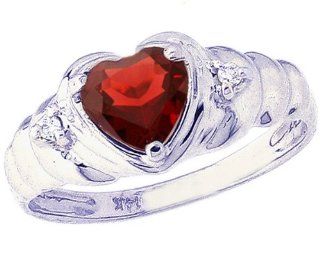 14K White Gold Ribbed Detail Heart Gemstone and Diamond Ring Garnet, size5 Promise Rings Jewelry