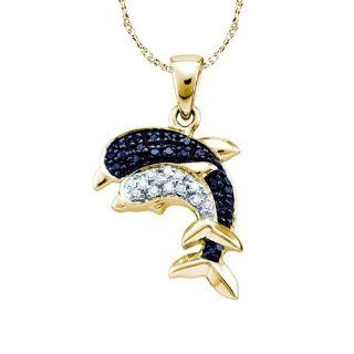 10k Yellow Gold Black Round Diamond Womens Dolphin Nautical Fashion Pendant 18" Chain   .10 Ct.t.w.: Jewelry