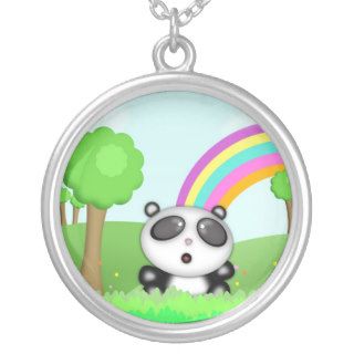 Cute Panda Bear in a colorful scene with rainbow Necklaces