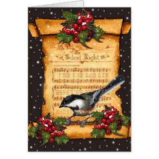 Christmas Silent Night Sheet Music, Scroll, Bird Greeting Cards