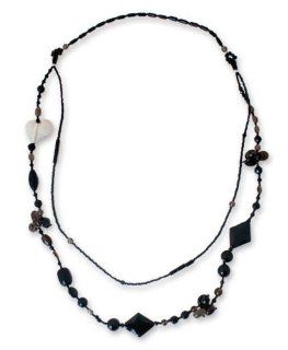 Smoky quartz and onyx heart necklace, 'Love Night': Strand Necklaces: Jewelry