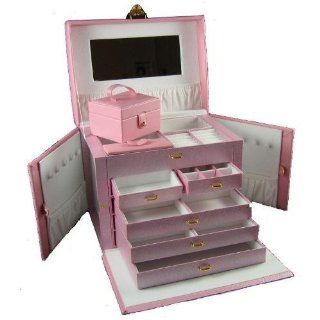 SHINING IMAGE HUGE PINK LEATHER JEWELRY BOX / CASE / STORAGE / ORGANIZER WITH TRAVEL CASE AND LOCK: Kitchen & Dining