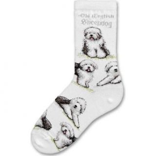 For Bare Feet  Old English Sheepdog Adult Poses Socks (White), Medium: Clothing