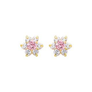 14K Yellow Gold October CZ Birthstone Flower Stud Earrings for Baby and Children (Pink Tourmaline, Light Pink): The World Jewelry Center: Jewelry