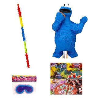 Cookie Monster 3D Pull Pinata Party Pack / Kits Including Pinata, Bit of Everyones Favorites Candy Filler Mix 2lb, Buster Stick and Blindfold: Toys & Games