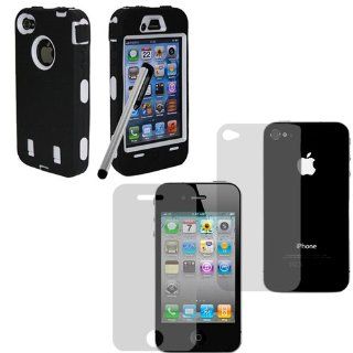 Hard Plastic Snap on Cover Fits Apple iPhone 4 4S Armor Black Hybrid Case (Outside Black Soft Silicone Skin, Inside White Front and Back Hard Case) +Pen/Stylus+Front and Back LCD Screen Protective Films AT&T, Verizon (does NOT fit Apple iPhone or iPhon