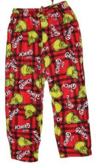 The Grinch That Stole Christmas (Dr. Seuss Classic) Mens Micro Fleece Pajama Pants (Lounge Sleep Pant)  The Grinch Face All Over Red Plaid (Medium): Clothing