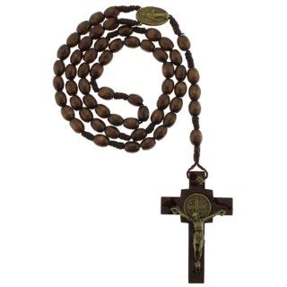 Brown Wood St. Benedict Rosary with Immaculate Heart of Mary Center Piece   8.5mm x 10.5mm Oval Beads   24 inch Necklace   20 inch Overall Length: Pendant Necklaces: Jewelry