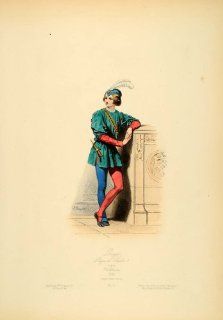 1870 Court Costume Page Boy France Middle Ages Medieval   Original Copper Engraving   Prints