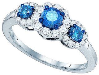 10k White Gold Blue Colored Round 3 stone Diamond Womens Ladies Bridal Wedding Engagement Anniversary Past Present Future Ring   1.00 Ct.t.w.: Jewelry