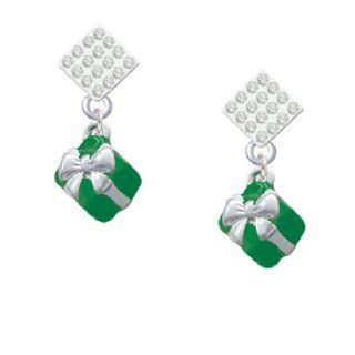 Small 3 D Green Present Box with Silver Bow Clear Crystal Diamond Shaped Lulu: Dangle Earrings: Jewelry