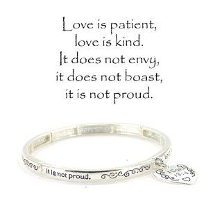 Silvertone 1 Corinthians 134 "Love Is Patient, Love Is Kind. It Does Not Envy, It Does Not Boast, It Is Not Proud" Stretch Bracelet W/Charm 