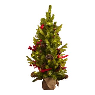 Natural Pine & Berry Tree with Cardinals and LED Battery Lights Seasonal Decor