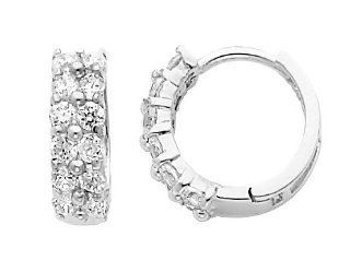 14K White Gold 3mm Thickness Designer 14 Stone CZ Prong Style Hoop Huggies Earrings (0.4" or 11mm): Goldenmine: Jewelry