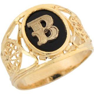 14k Yellow Gold Onyx Letter B Modern Ladies Filigree Initial Ring: Jewelry