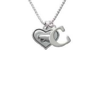 2 D Silver Heart with Megaphone Initial C Charm Necklace: Pendant Necklaces: Jewelry