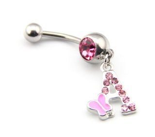 316L Surgical Steel 14 Guage Letter A Dangle Cute Pink Gem Crystal Navel Belly Bar Ring Stud Button Fashion Girl Women Body Piercing Jewelry 14G 1.6mm 7/16 Inch Size: Jewelry