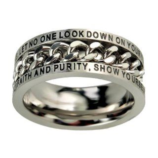 Christian Mens Stainless Steel 10mm Abstinence "Let No One Look Down On Your Youthfulness, But Rather in Speech, Conduct, Love" 1 Timothy 4:12 "Faith and Purity, Show Yourself an Example of Those who Believe" Chain Spinner Chastity Ring
