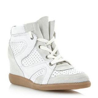 Dune White leather Libras perforated wedge trainer