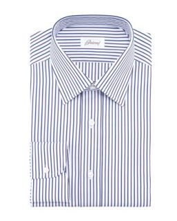 Mens Multicolored Striped Dress Shirt, Blue/White/Maroon   Brioni  