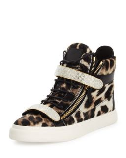 Mens Leopard Print Calf Hair High Top Sneaker   Giuseppe Zanotti   Multi