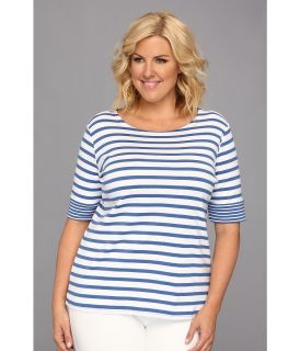 Pendleton Plus Size Roll Sleeve Stripe Rib Tee Womens Short Sleeve Pullover (Blue)