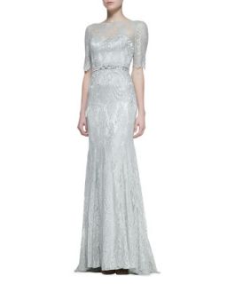 Womens 3/4 Sleeve Lace Gown with Beaded Waist, Celadon   Theia by Don O