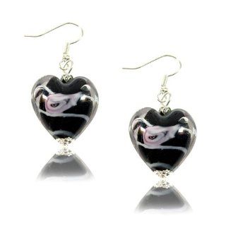 MGD, Black Heart Shape with Flower Murano Glass Drop / Dangle Earrings with 925 Sterling Silver Fish Hook, Fashion Jewelry for Women, Teens and Girls, JB 0033: Jewelry