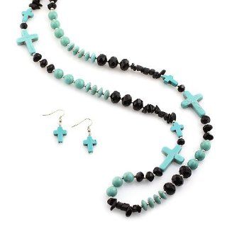 Long Cross Stone Bead Necklace Set; 37"L; Silver Tone Metal; Black and Turquoise Beads; Lobster Clasp Closure; Matching Earrings Included;: Jewelry