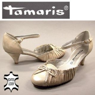 TAMARIS Sommer 2008, exklusive Leder Fesselriemchen Pumps, edle Damenschuhe in den angesagten Farben der Saison   gold antic Gr.36: Schuhe & Handtaschen