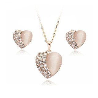 FASHION PLAZA 18K Gold, um die elegante transparentem Kristall und analoge opal Herzen Ohrringe und Halskette Komplettset S57: Schmuck