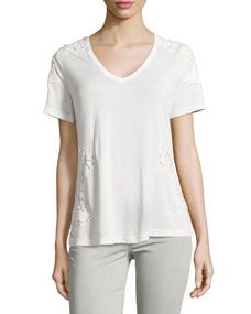 Haute Hippie Short Sleeve Mesh Applique Top, Swan