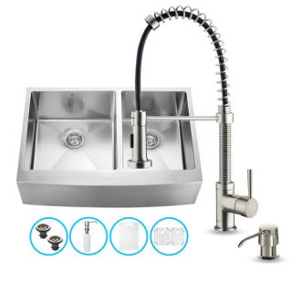 Vigo 33 x 22.25 Double Farmhouse Kitchen Sink with Faucet, Two Grids